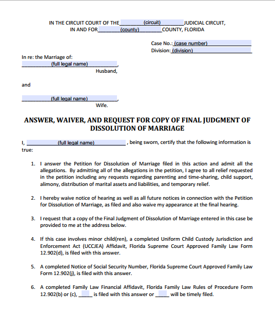 Answer, Waiver, and Request for Copy of Final Judgment of Dissolution of Marriage, Form 12.903(a)
