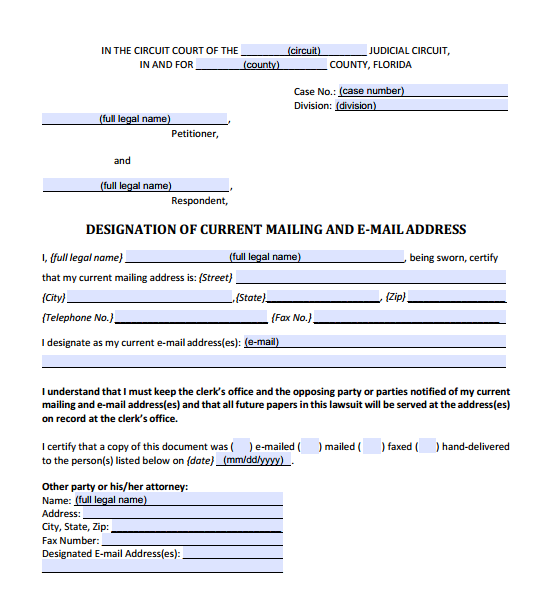 Designation of Current Mailing and E-mail Address, Form 12.915
