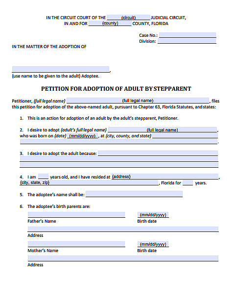 Petition for Adoption of Adult by Stepparent, Form 12.981(c)(1)