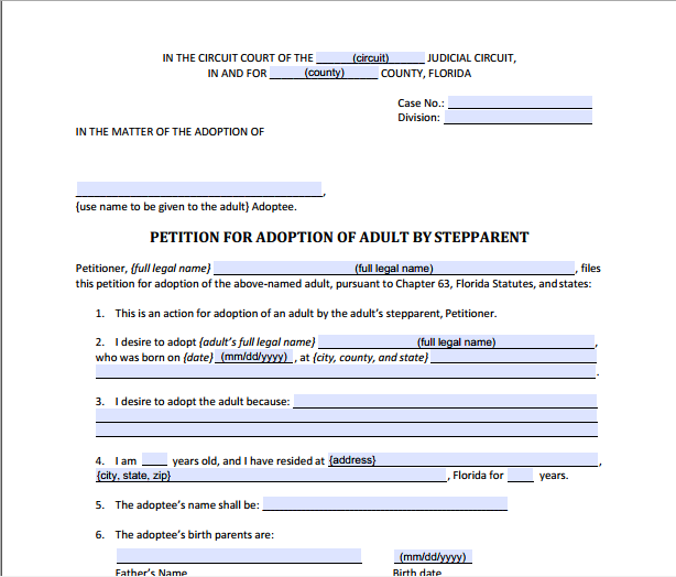 Petition for Adoption of Adult by Stepparent, Form 12.981(c)(1)
