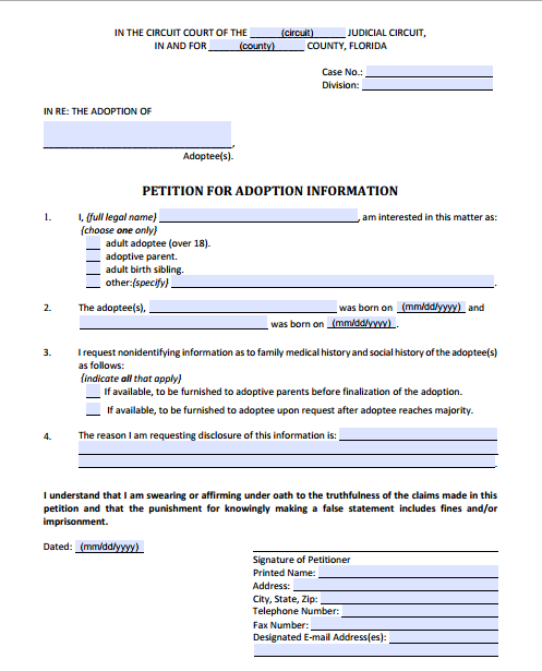 Petition for Adoption Information, Form 12.981(d)(1)