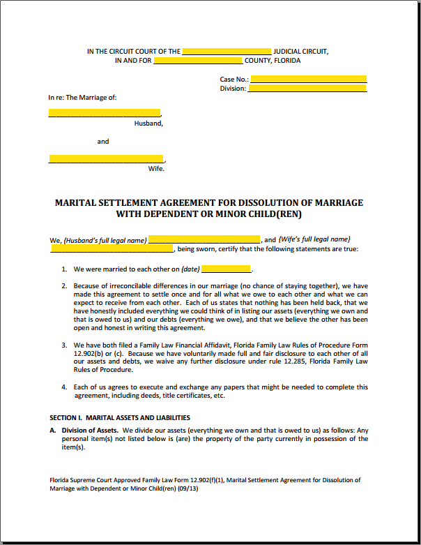 Form 12.902f1 Marital Settlement Agreement Divorce With Children Explained