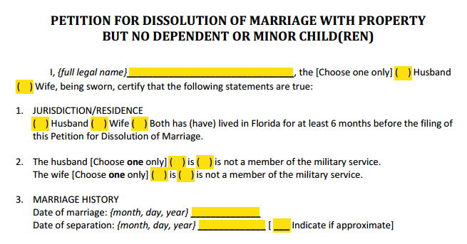 Petition For Dissolution of Marriage With Property Paragraphs 1 to 3