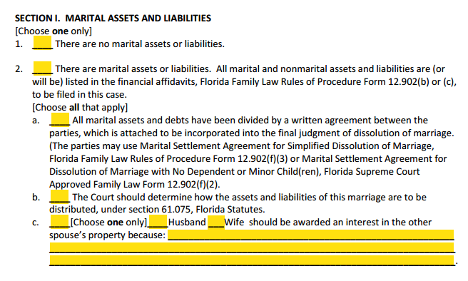 Petition For Divorce With Property Section 1 Marital Assets and Liabilities