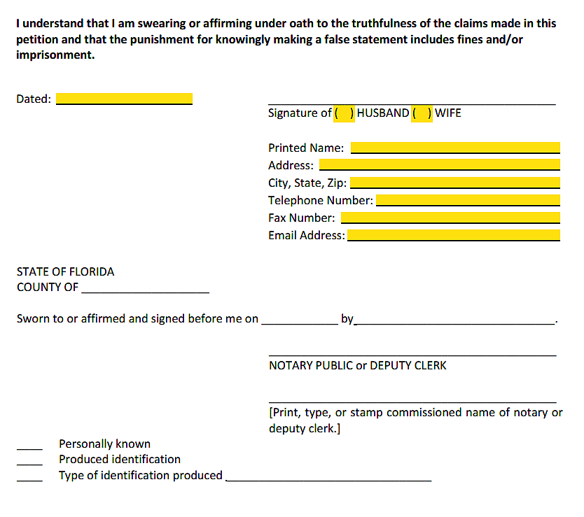 Petition for Dissolution of Marriage With No Dependent or Minor Children or Property Signature Section