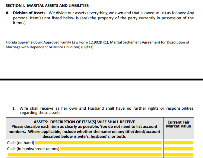 MSA Section 1 Part A Division of Assets