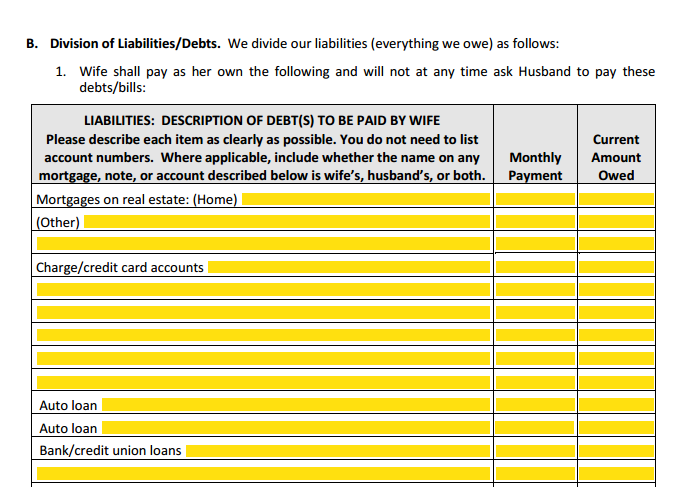 MSA Section 1 Part B Division of Liabilities & Debts