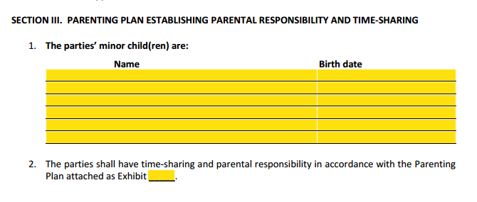 MSA Section 3 Parenting Plan, Responsibility, Time Sharing