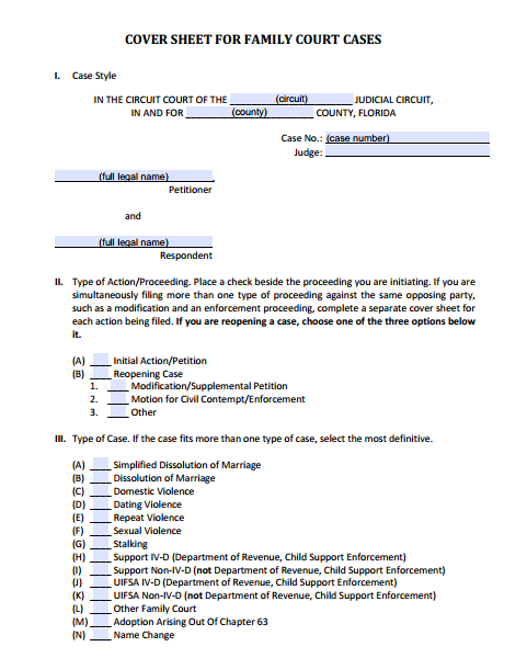 Cover Sheet for Family Court Cases, Form 12.928