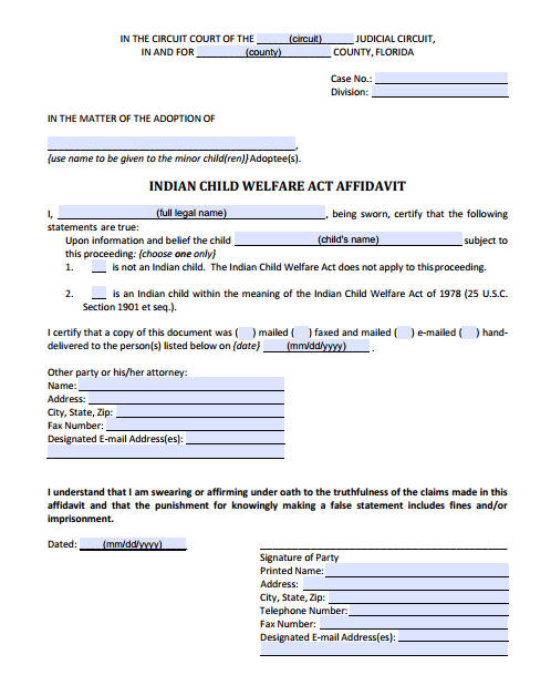 Indian Child Welfare Act Affidavit, Form 12.981(a)(5)