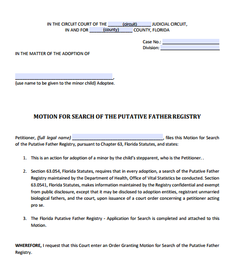 Motion for Search of the Putative Father Registry, Form 12.981(a)(6)