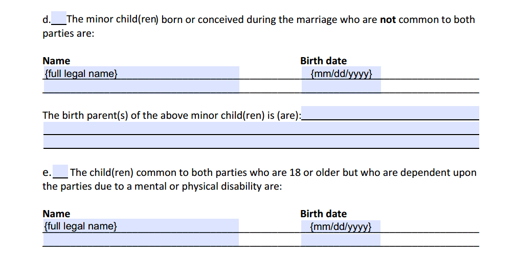 Petition For Dissolution of Marriage With Children Paragraph 4d and 4e