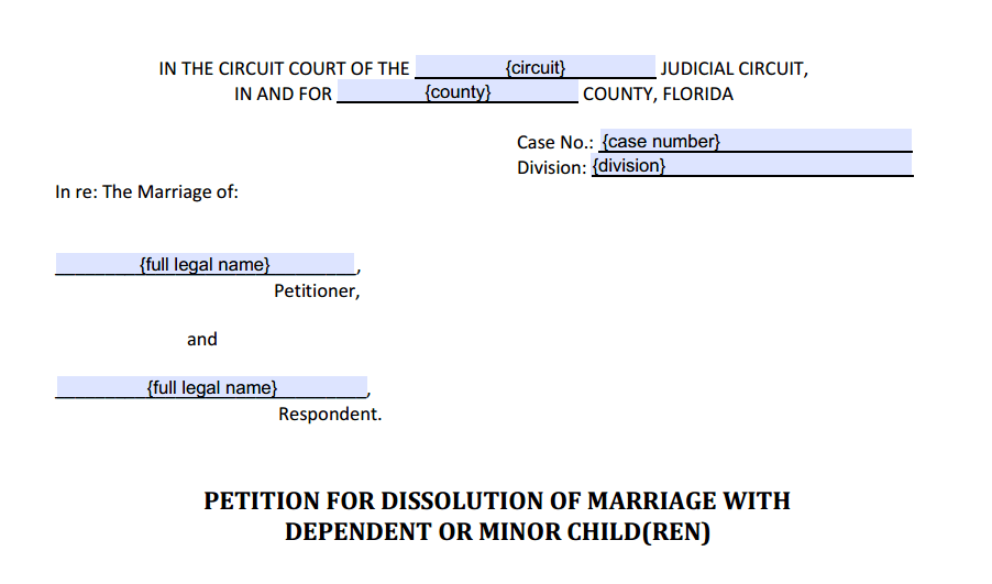 Petition For Dissolution of Marriage With Dependent or Minor Children Style (Heading)