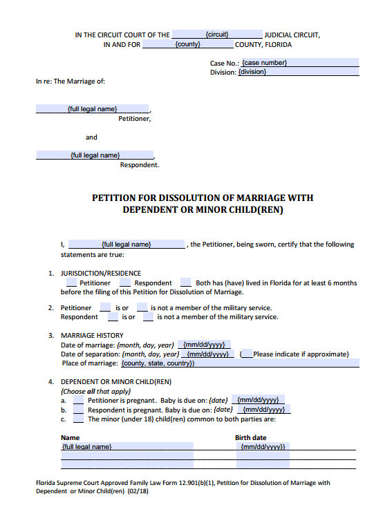 Fillable PDF Form 12.901(b)(1) Dissolution of Marriage with Children