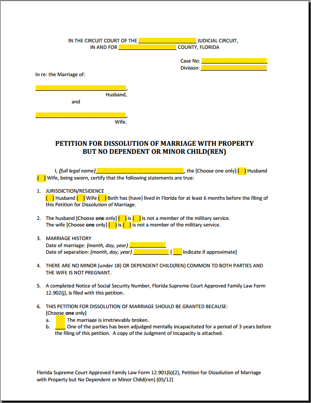 PDF Fillable Form 12.901(b)(2) Dissolution of Marriage with Property