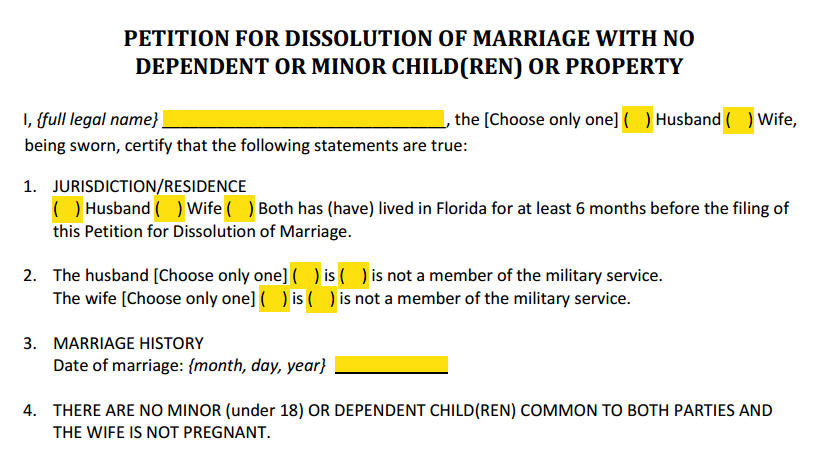 Petition For Dissolution of Marriage With No Children or Property Paragraphs 1 to 4