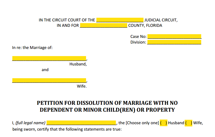 Petition For Dissolution of Marriage With No Children or Property Style (Heading)