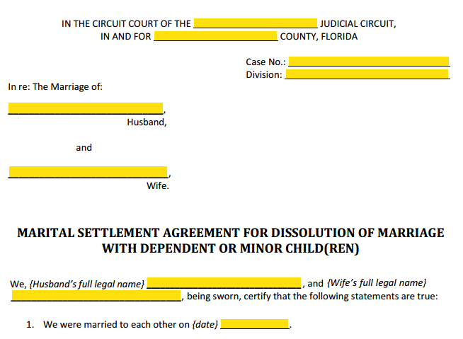 Form 12.902f1 Marital Settlement Agreement With Children Style (Heading)